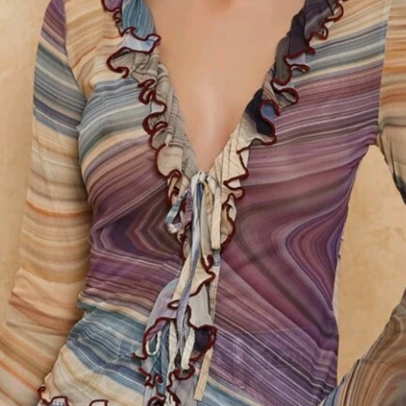 Marble Print Ruffle Trim Blouse Top - Picture 8 of 11